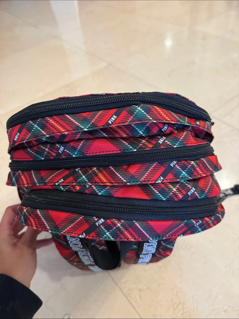 PINK Victoria's Secret Red Tartan Plaid Backpack with Black Trim NEW WITHOUT TAG